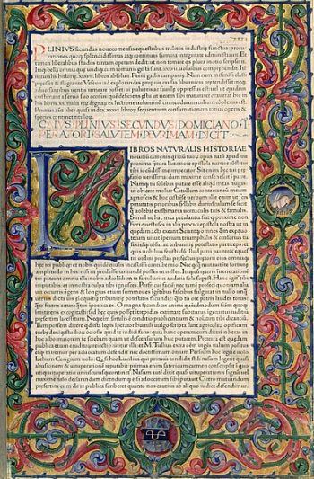 First page from the Editio Princeps of the Pliny's "Historia Naturalis" printed by Johann of Speyer.